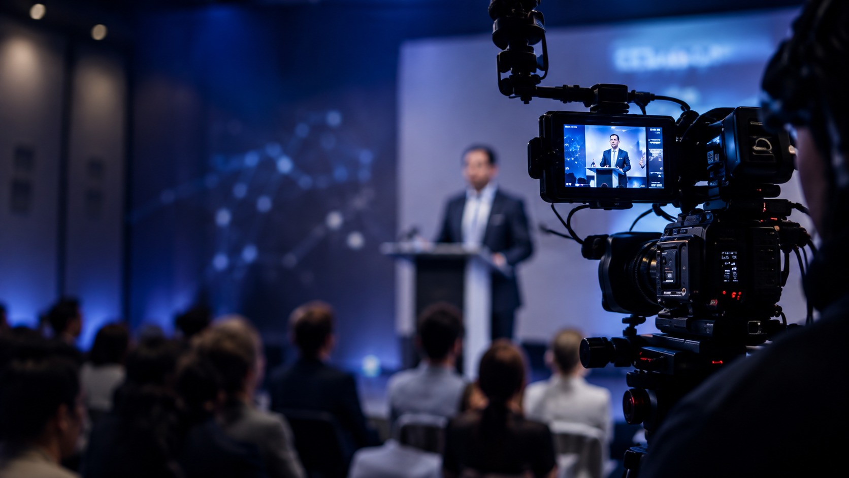 Professional camera filming a presenter at an event
