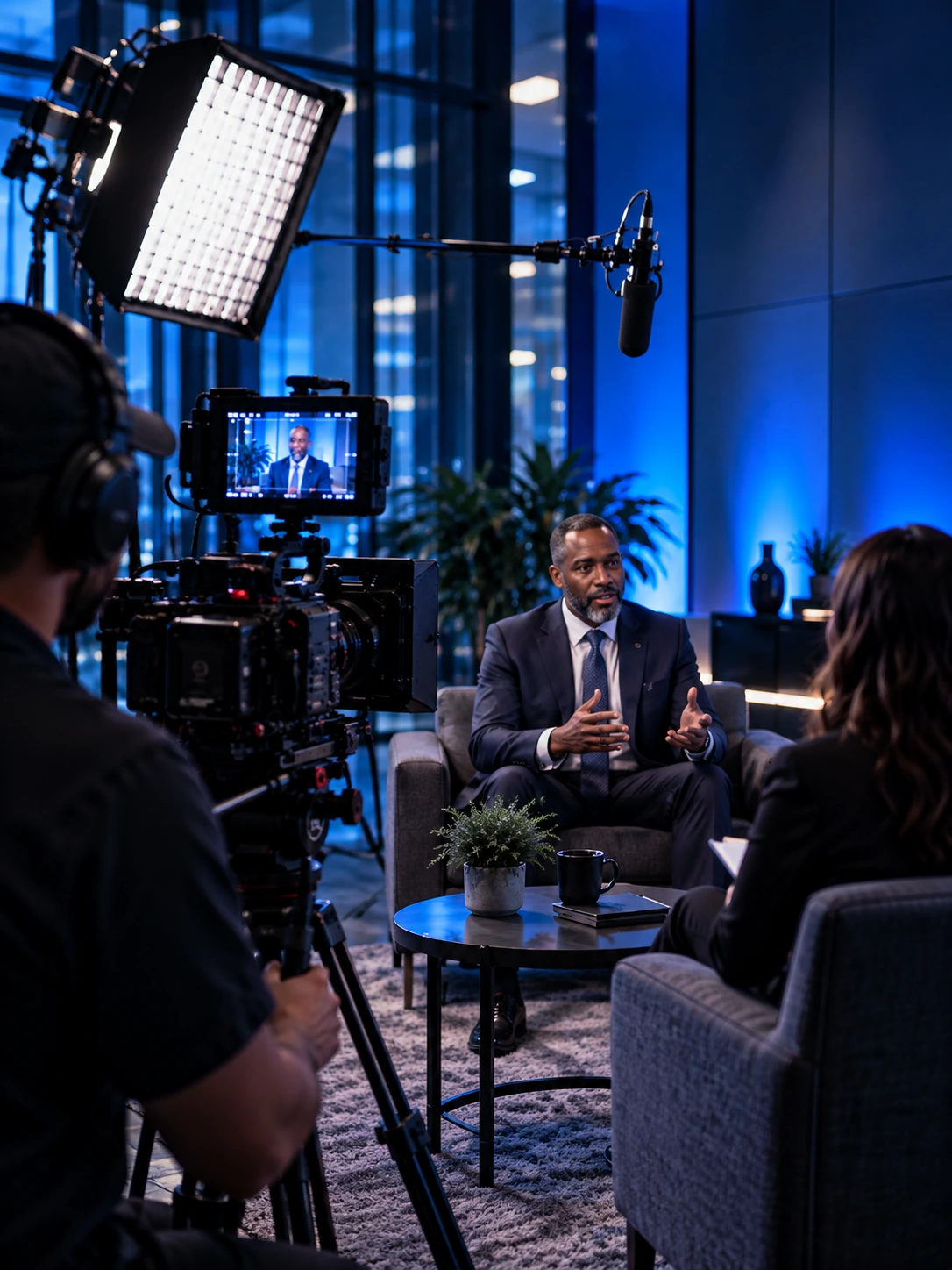 Camera and lighting set up for a professional interview