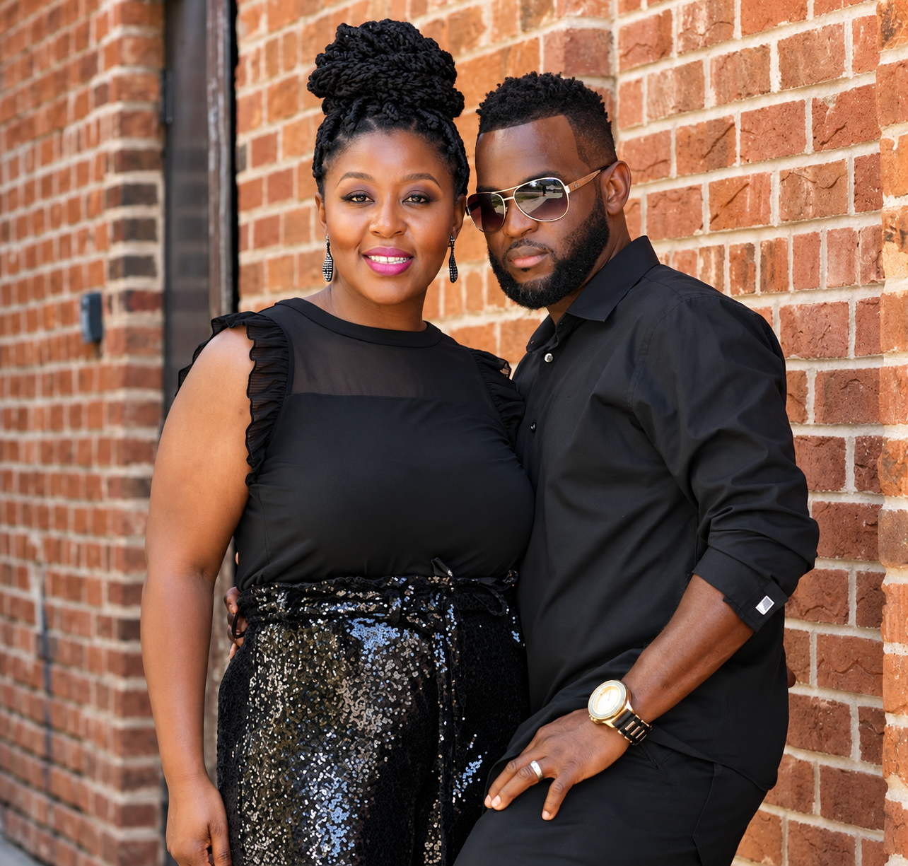 Couple standing together against a brick wall